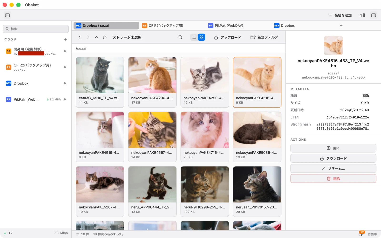 Obaket のメイン画面: 左に接続済みクラウドの一覧、中央にサムネイル付きのファイル一覧、右に選択したファイルのメタデータと操作